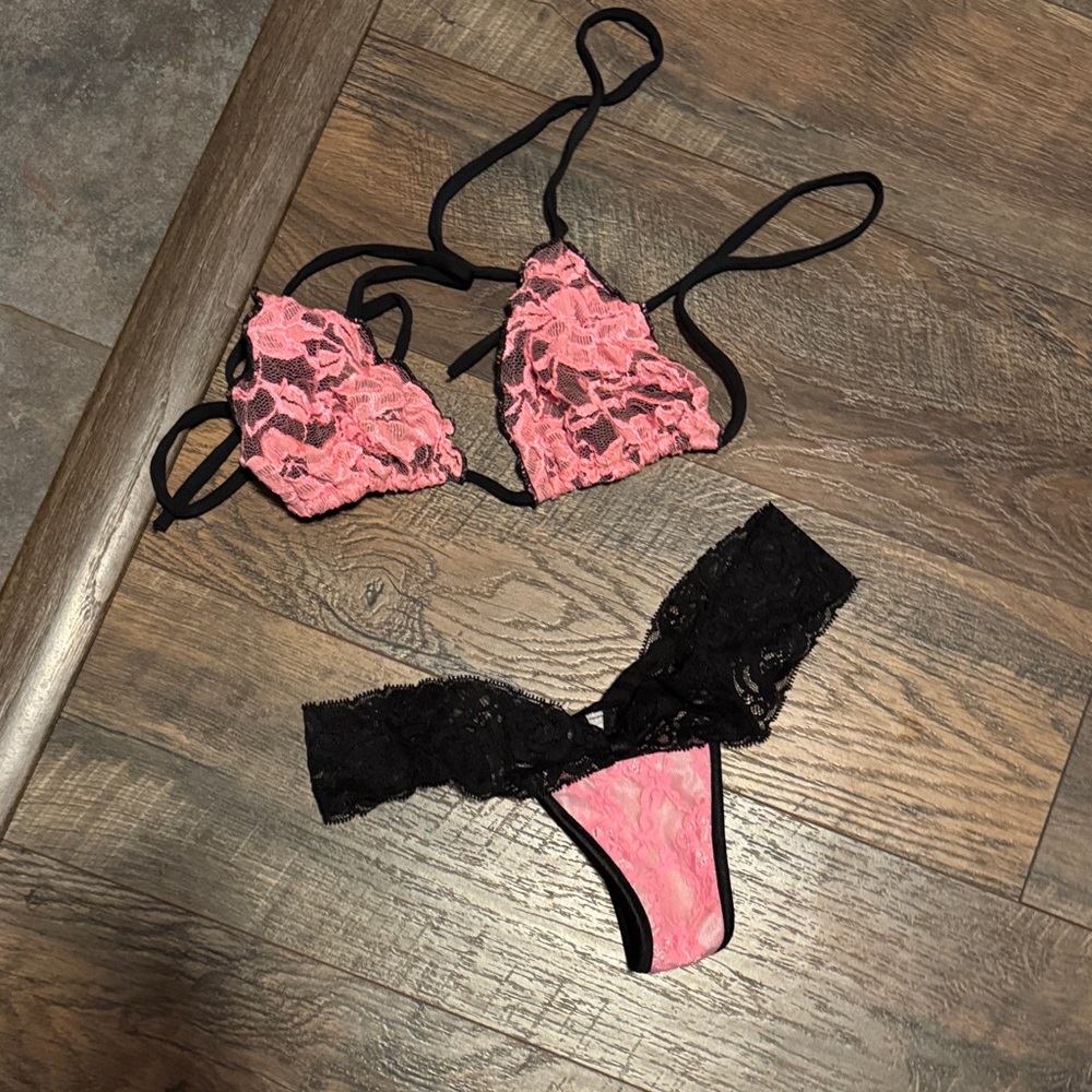 iHeartRaves Pink & Black Lace Swim Bralette and Bikini Bottom